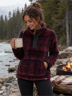 Eddie Bauer Plaid Fleece Snap Pullover Burgundy Black Size Medium Cozy Outdoor